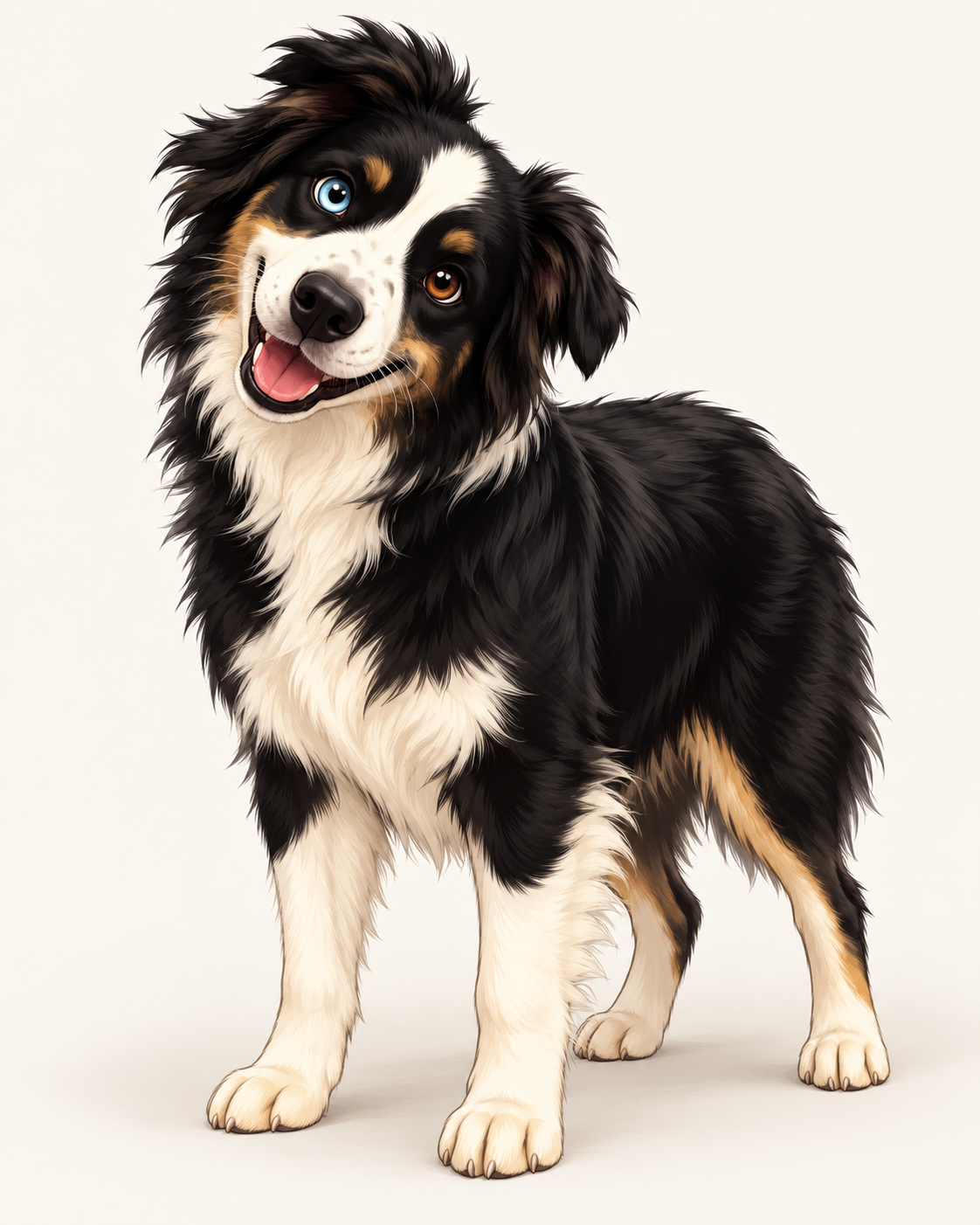 Caricature of Briar, the black and white Australian Shepherd